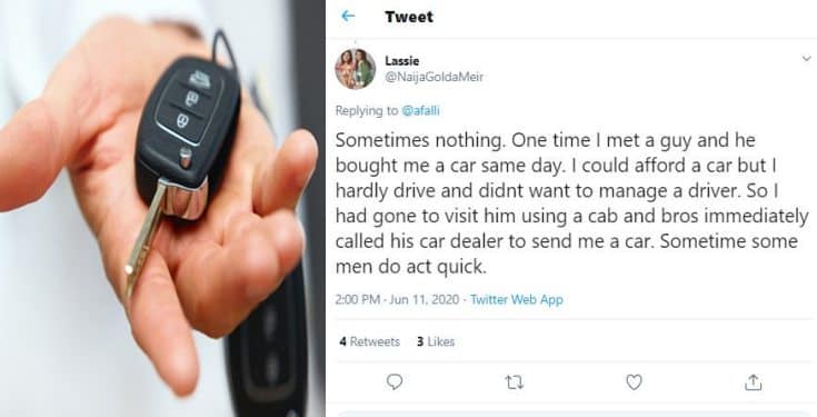 'I met a guy and he bought me a car same day' - Nigerian lady, says
