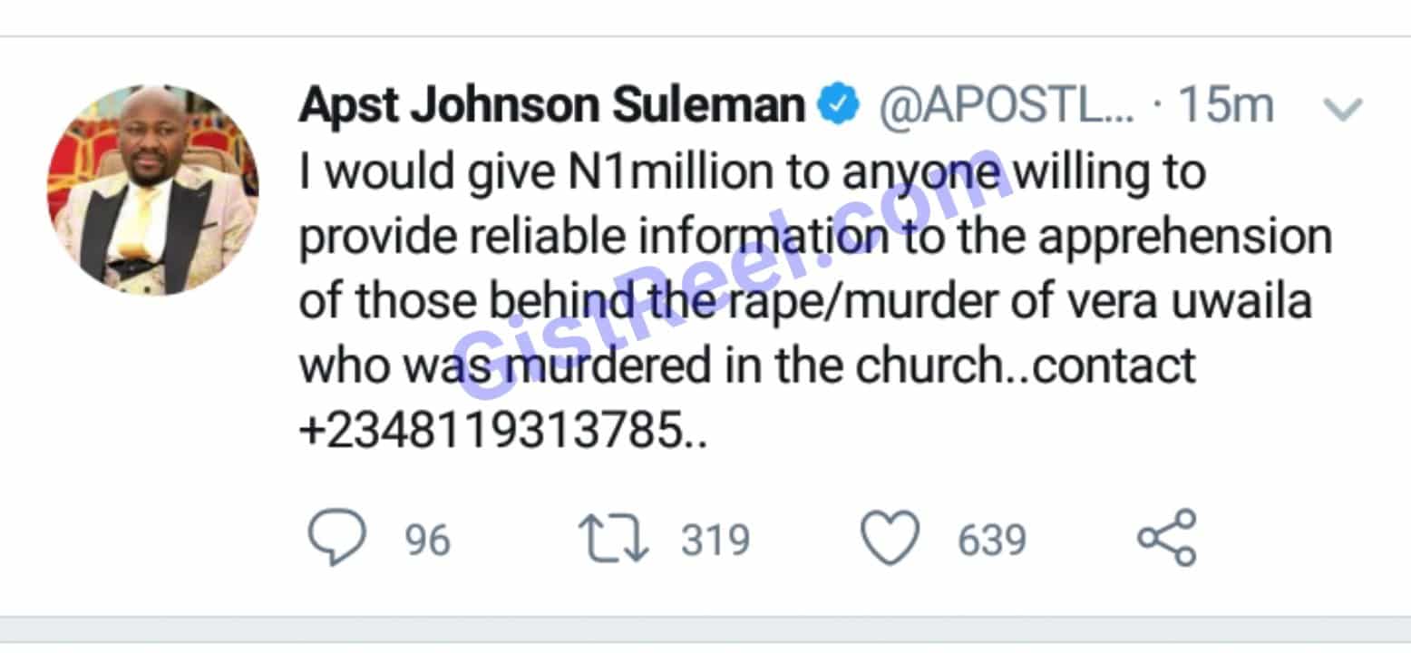 Apostle Suleman offers ₦1M reward to anyone with useful information about Uwaila's murderers