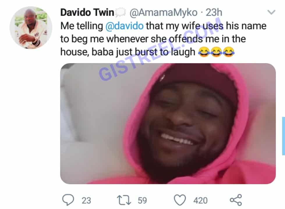 Man reveals his wife begs him in Davido's name whenever she offends him