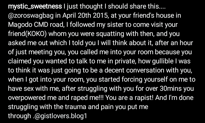 Lady calls out Zoro for allegedly raping her