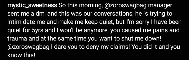 Lady calls out Zoro for allegedly raping her
