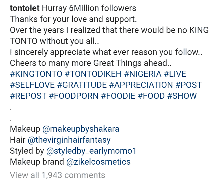 Tonto hits 6 million followers