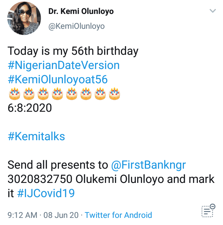 Kemi Olunloyo celebrate birthday