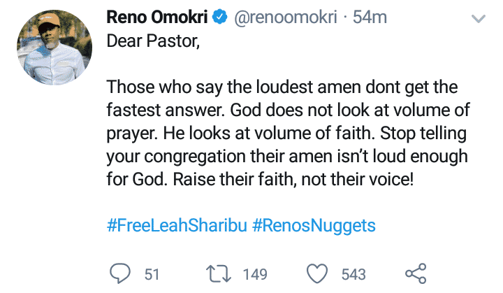 Reno Omokri tells pastors to stop telling congregation their amen isn't loud