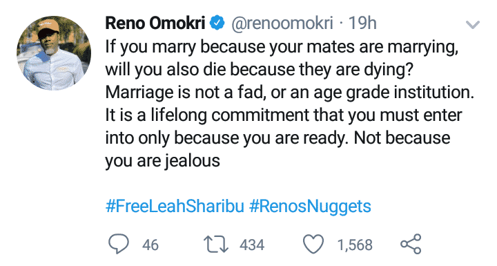 Reno Omokri comes for people marrying because others are marrying