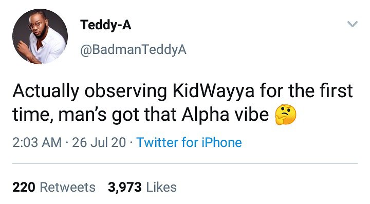 BBNaija 2020: Teddy A drums support for Kiddwaya Teddy A drums support for Kiddwaya