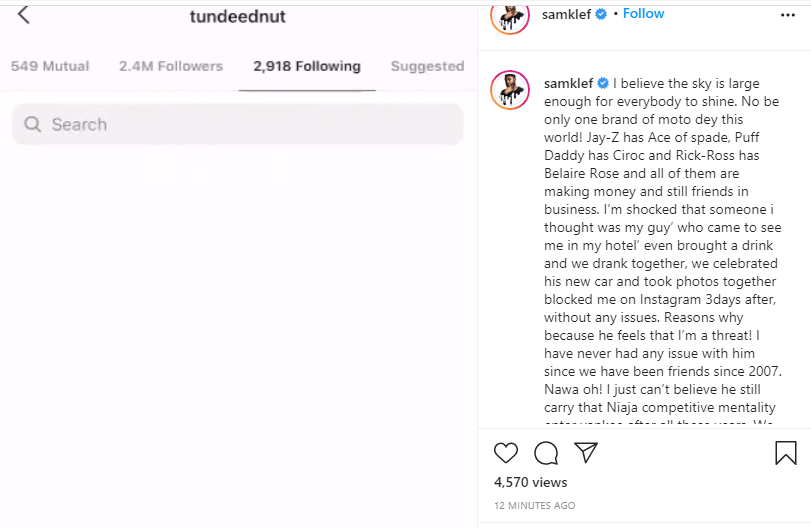 Samklef calls out Tunde Ednut