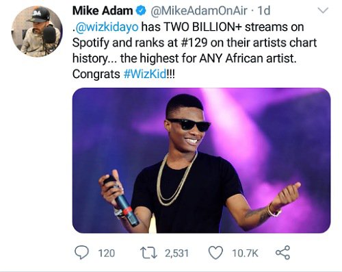 Wizkid 2 Billion Streams On Spotify