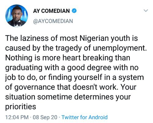 AY says laziness is caused by unemployment