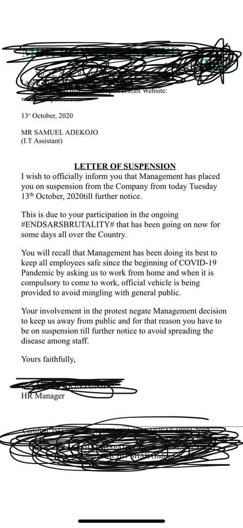 Samuel Adekojo Suspended From Work Over Endsars Protest