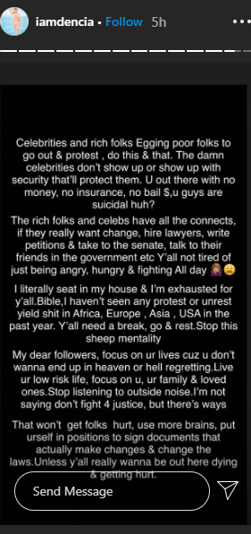 dencia instastory about #endsars protest