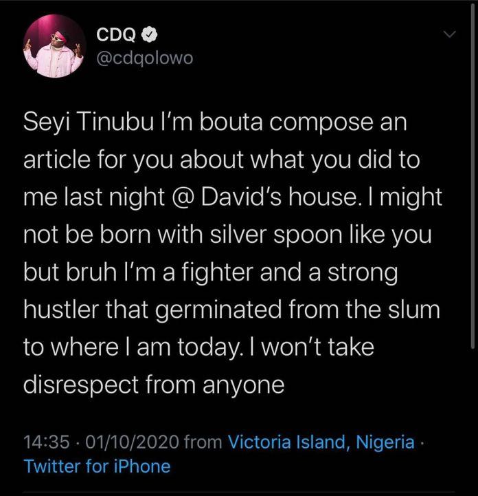 Nigerians dig out old tweet of CDQ praising Seyi Tinubu as "a good man"