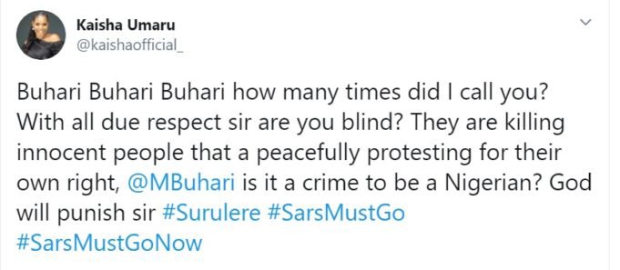 Kaisha tackles Buhari over #EndSARS