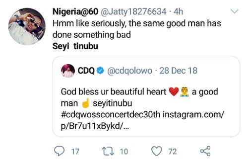 Nigerians dig out old tweet of CDQ praising Seyi Tinubu as "a good man"