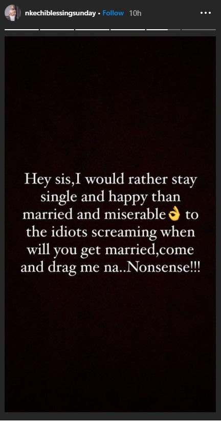 nkechi blessing instastory to trolls asking when she will get married