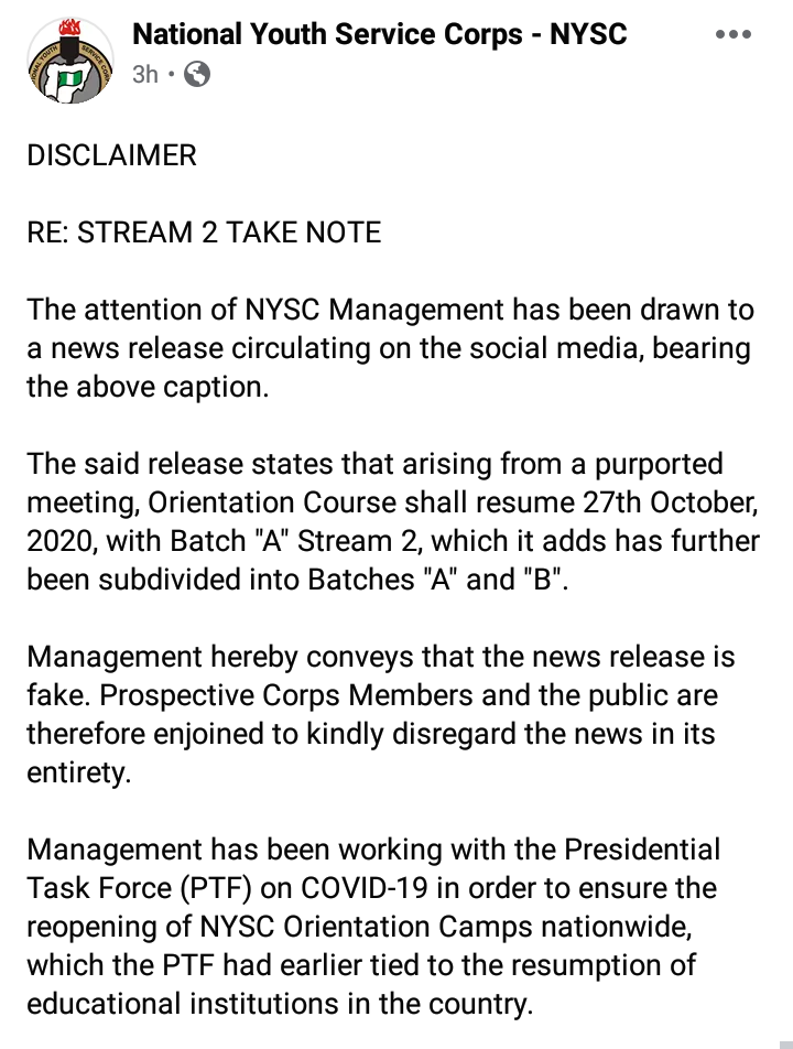 NYSC Update On Camp Reopening