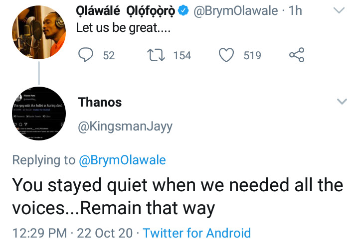 #EndSARS: I am silent because - Brymo