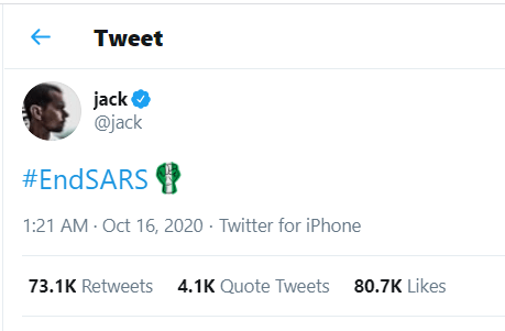 Twitter CEO, Jack Dorsey Backs #EndSARS Protest With New Emoji 
