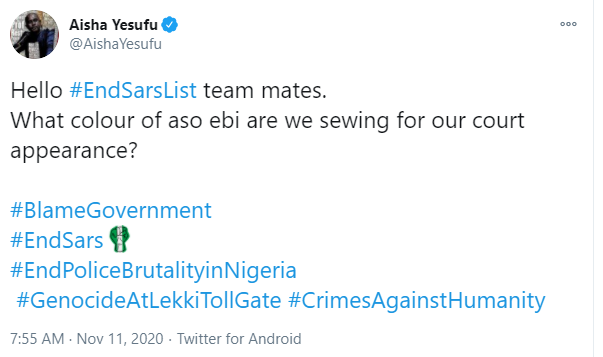 #EndSARS Aisha dragged to court