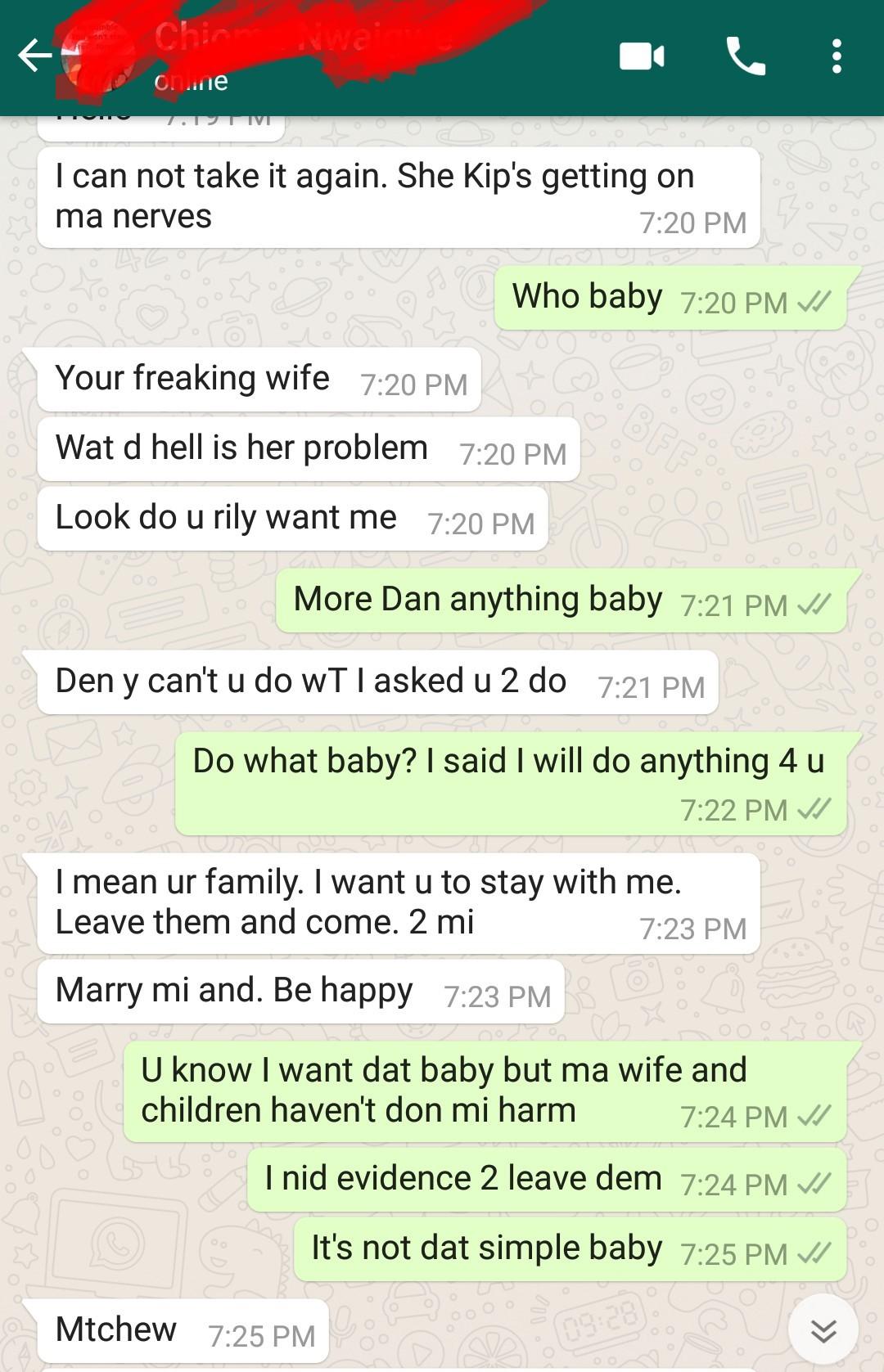 Wife leaks husband's chat with side chick who told him to abandon family