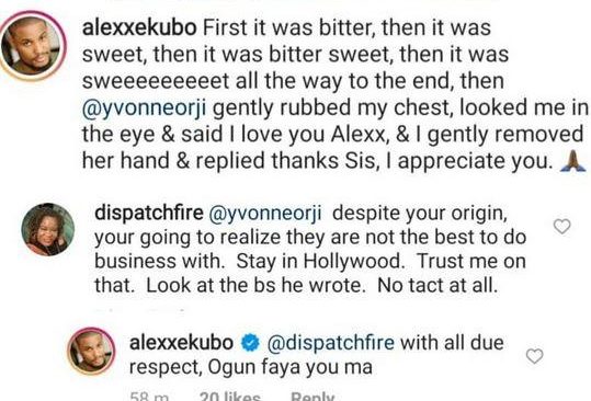 "Ogun Faya You Ma" - Alex Ekubo Cuss Troll Who Advised Actress, Yvonne Orji Not To Work With Him