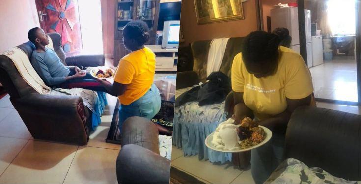 “Modern wives will never do this” – Man gives kudos to wife for kneeling while serving him food