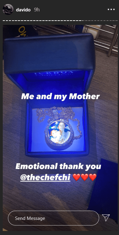 “Emotional” – Davido says as Chioma gifts him chain with photo of himself and his mum for his 28th birthday