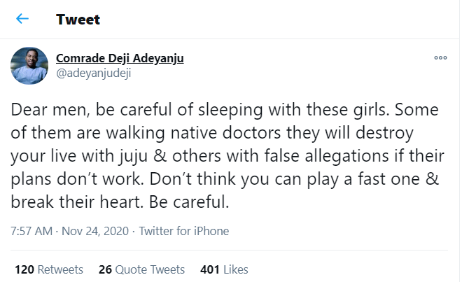Be careful of sleeping with these girls. Some of them are walking native doctors – Deji Adeyanju advises men