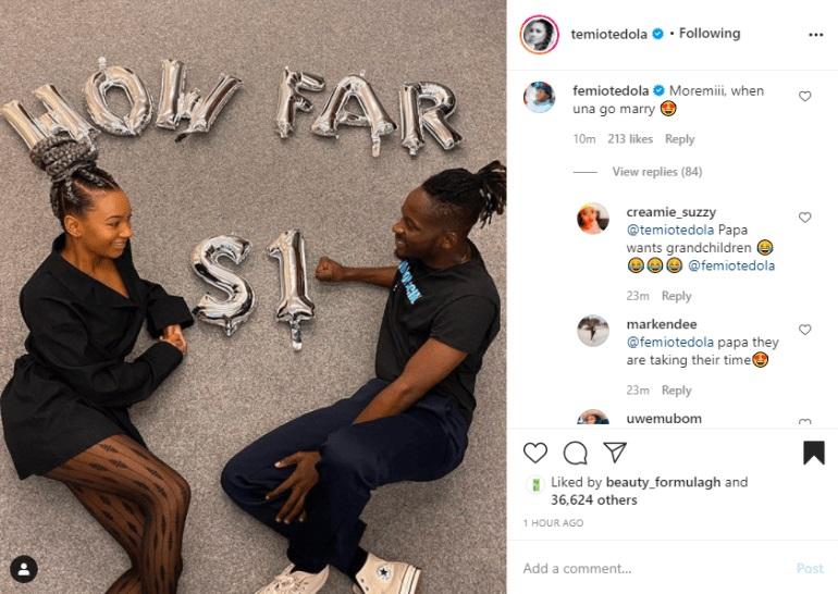 “When una go marry” – Otedola Reacts To Photo of His Daughter, Temi With Mr Eazi