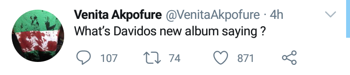 "what is Davido's album saying?" - Venita
