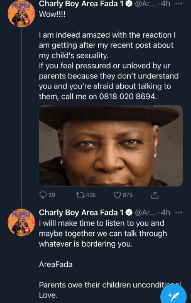 charly boy's tweet emotional support to lgbtq community