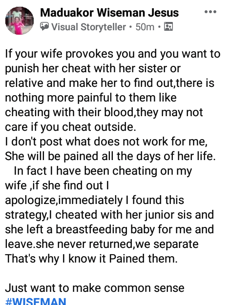 "Cheat with her relative" - Nigerian man boasts of cheating on his wife with her younger sister