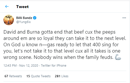 "Nobody wins when family quarrel" - Yung6ix calls for peace between Davido and Burna Boy