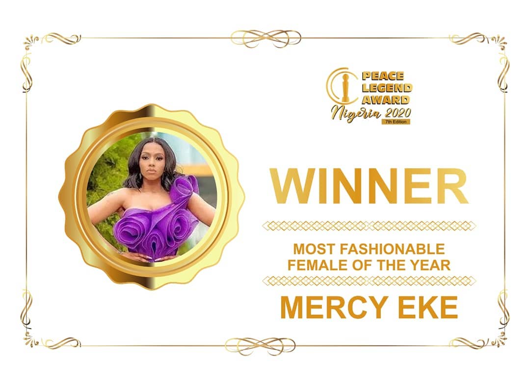 Mercy Eke Awarded Most Fashionable Female Of The Year peace legend award