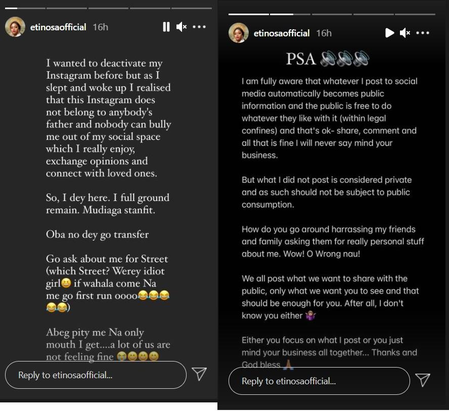 "Instagram does not belong to anybody’s father" - Etinosa reacts despite backlash over new born baby