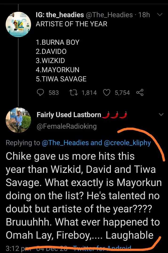 “What exactly is Mayorkun doing on the List” – Lady drags Headies Award for sidelining Chike, Omah Lay