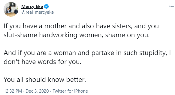 "Shame on you if you slut-shame women" – Mercy