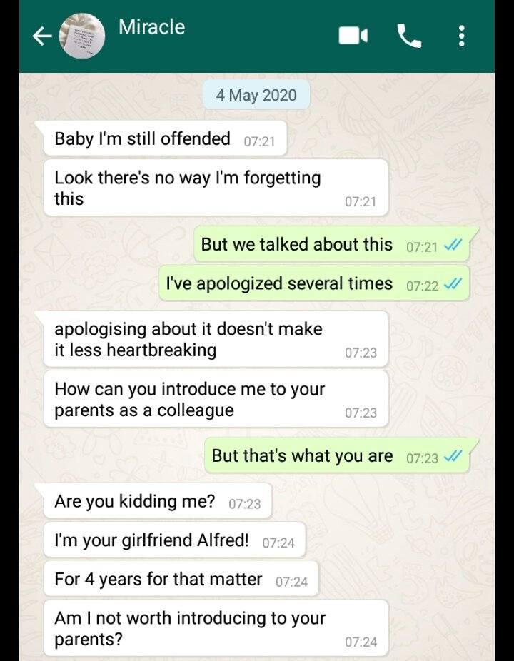 "You're not the woman my parents want for me" - Lady cries out after boyfriend of four years introduce her as colleague to his family
