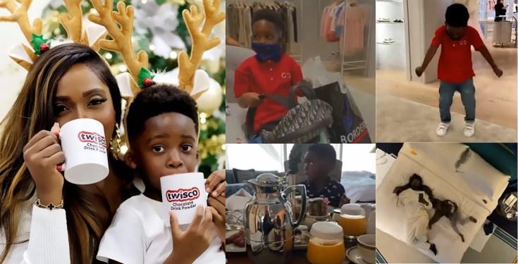 Tiwa Savage takes son, Jamil on luxury vacation, shopping spree (Video)