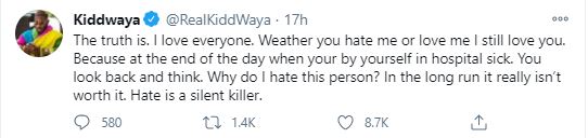 "Whether you hate me or love me I still love you" - Kiddwaya says from sickbed 