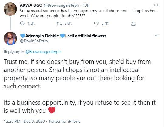 Small chops vendor calls out lady who repackages and resell her products as hers at expensive rate