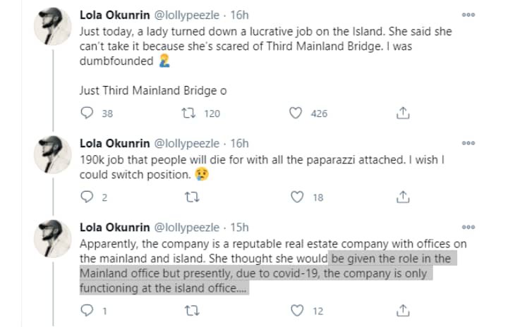  Lady rejects N190k job in Lagos 'cos she's scared of Third Mainland Bridge
