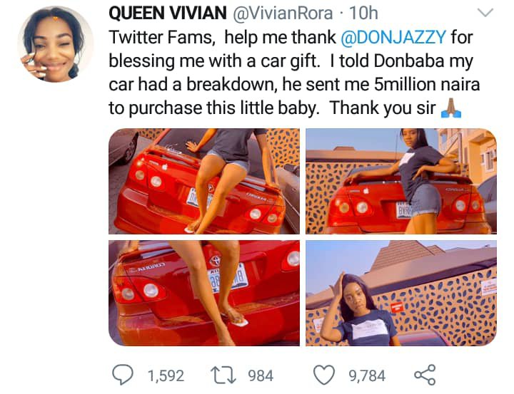 Don Jazzy gifted her a car