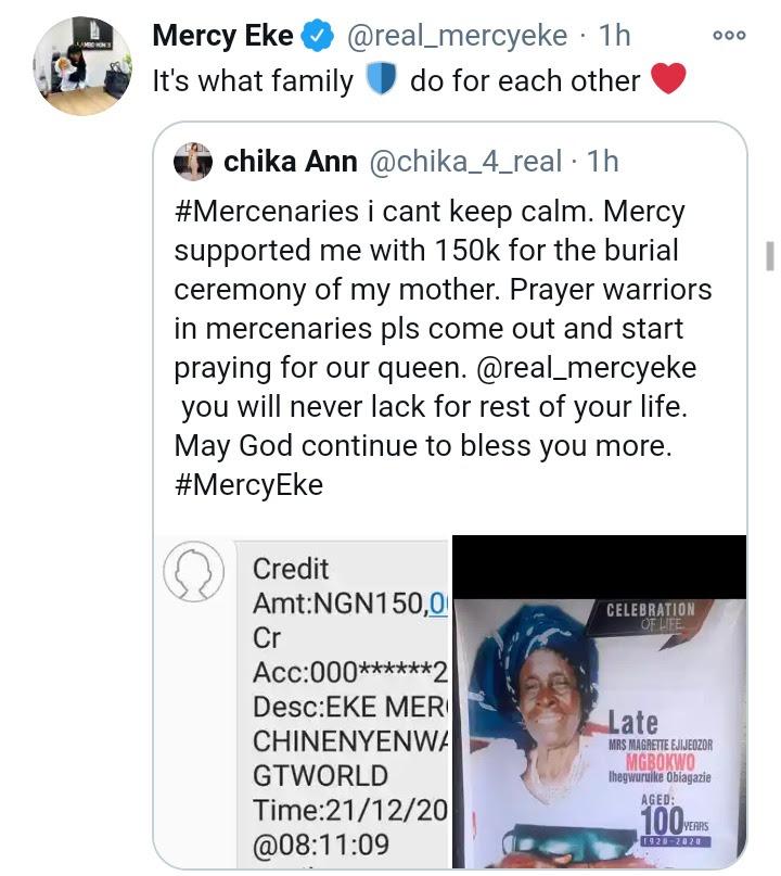 Mercy Eke gifts fan N150k to support her mother's burial