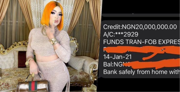 Bobrisky shows off N20M credit alert from sugar daddy