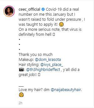 BBNaija star, Cee-c test positive for COVID-19