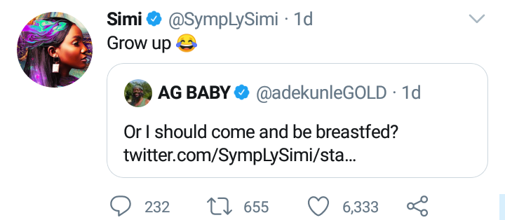 Simi Reacts As Adekunle Asks Her To Breastfeed Him