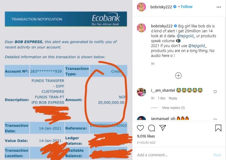 Bobrisky shows off 20 million naira credit alert from sugar daddy
