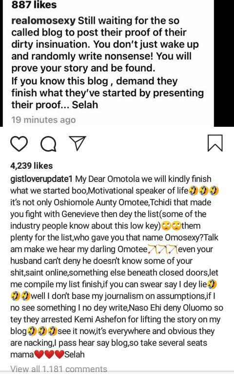 Blogger fires back at Omotola Jalade over affair with Oshiomole, reveals more