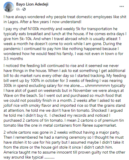 "I now know why domestic staff are treated poorly" - CEO Wakanow shares encounter with Chef